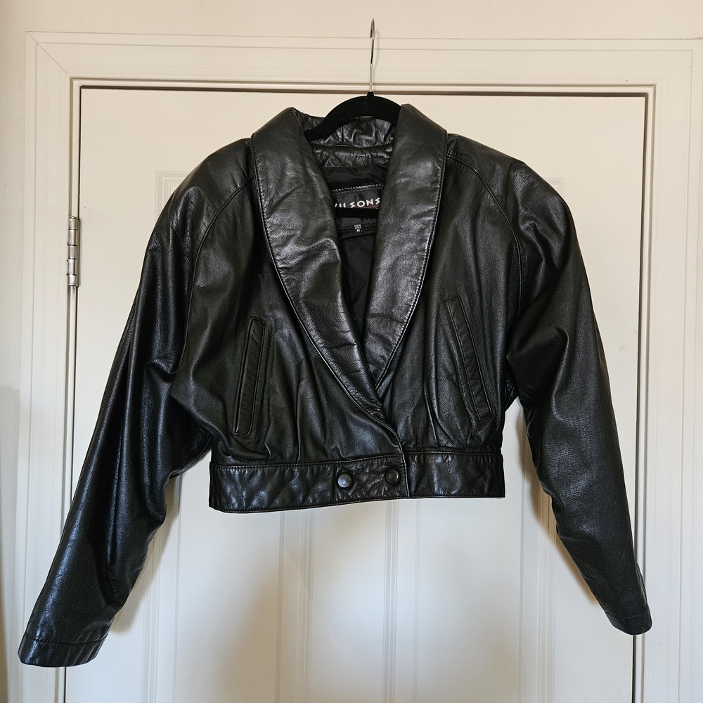 Wilsons Leather Cropped 80s Black Leather Jacket